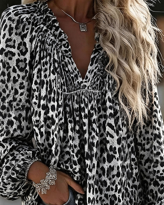 Blus V-Hals Leopard Tryck Rynkad Puffärm