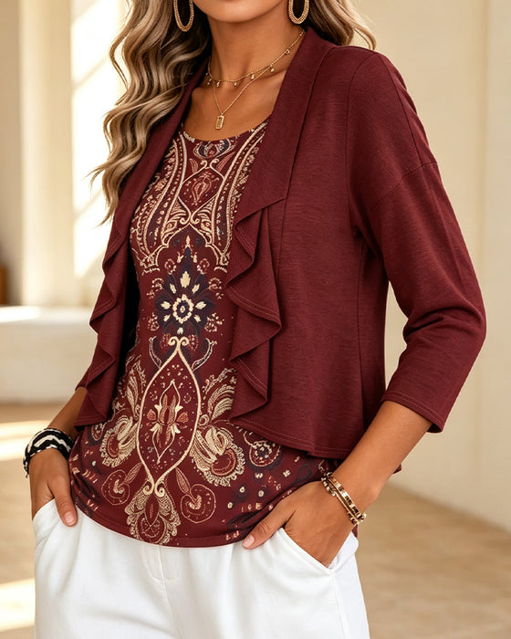 Blus Imitation Tvådelad Ruffle Tryck