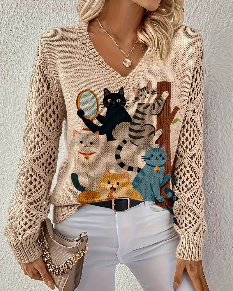 Pullover V-Hals Urholkning Tecknad Katt Tryck