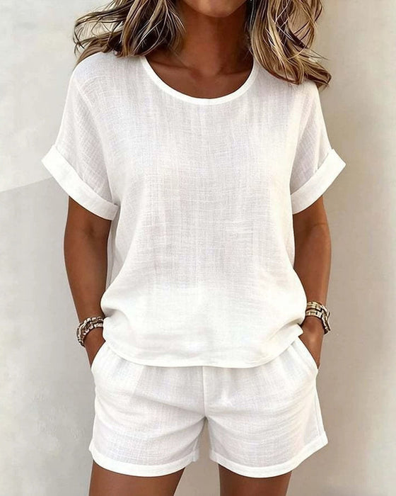 Set Solid Rund Hals Kort Ärm Shorts