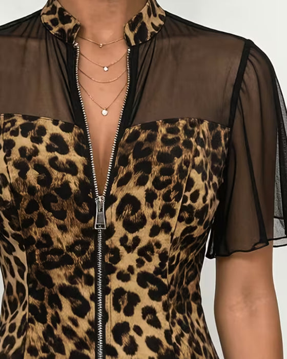 Blus Leopard Patchwork Mandarin Krage Dragkedja