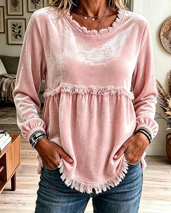 Blus Fringe Rynkad Panel Lång Ärm