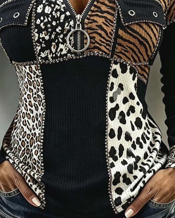 Topp Leopard Patchwork Halv Dragkedja Huvförsedd