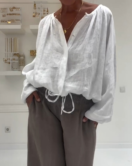 Blus 100 % Bomull Långärmad Rynkad Knut