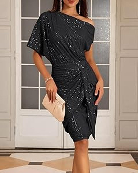 V-ringad off-shoulder paljett elegant klänning