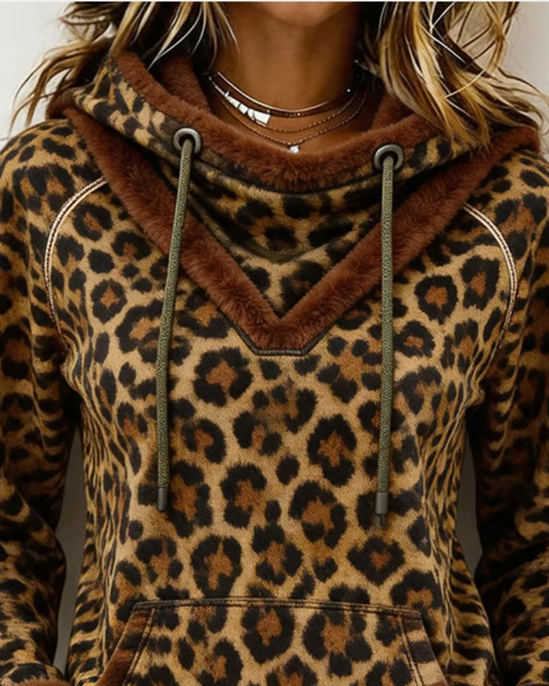 Sweatshirt Leopard Tryck Med Huva Dragsko