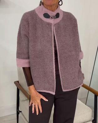 Cardigan Fiskbensmönster Färgblock Croppad Stickad