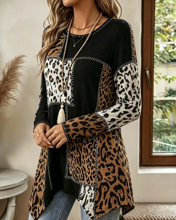Blus Leopard Tryck Patchwork Oregelbunden