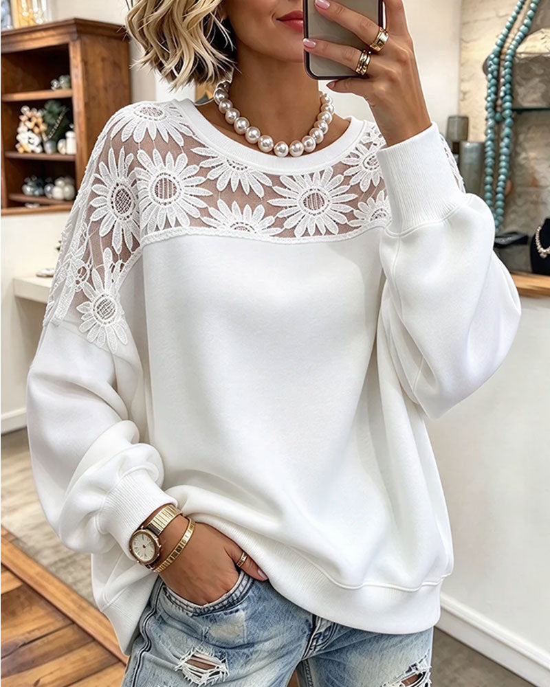 Sweatshirt Rund Halsringning Solros Spets Patchwork