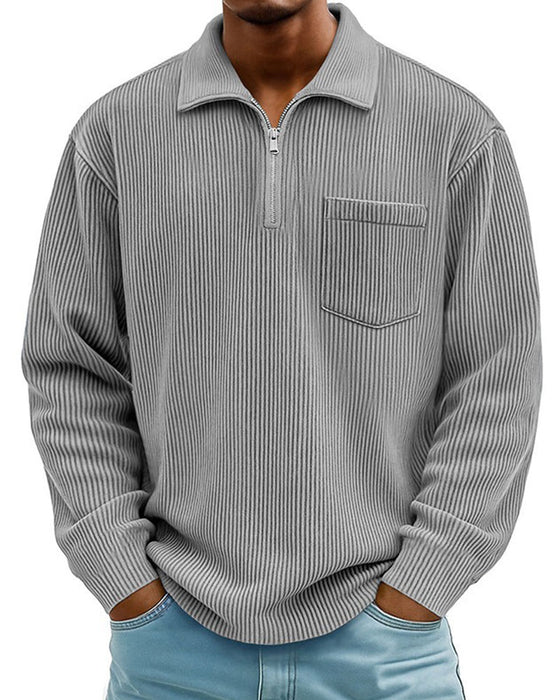 Sweatshirt Räfflad Halv Dragkedja Krage Lång Ärm