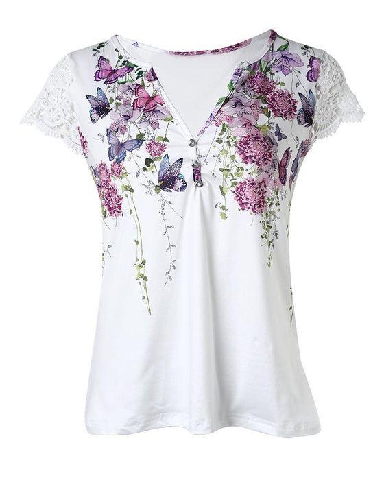 Topp Med Floral Butterfly Print Lace Patch Stil