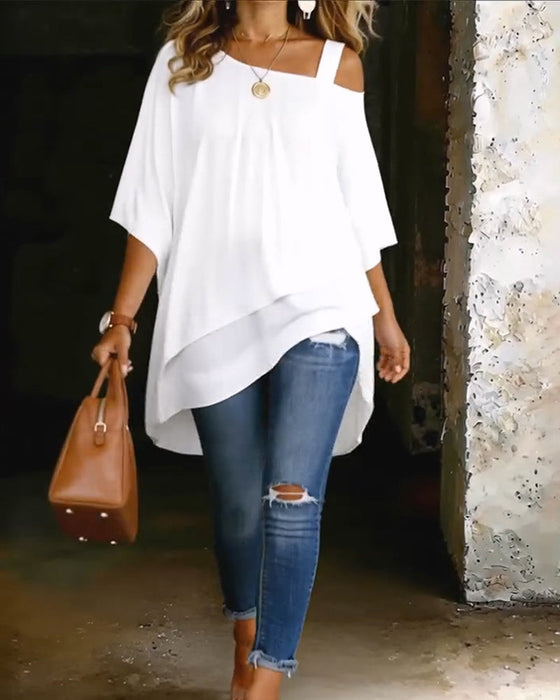 Blus Asymmetrisk Cold Shoulder Enfärgad Avslappnad