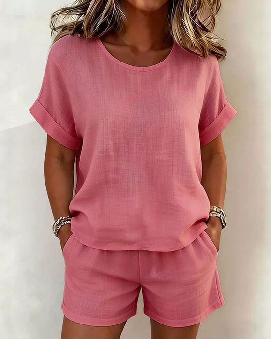 Set Solid Rund Hals Kort Ärm Shorts
