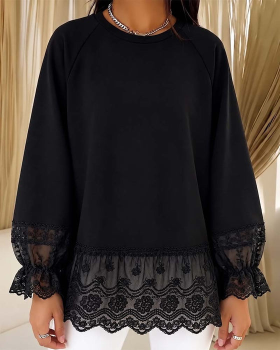Blus Patchwork Lång Ärm Rundhalsad