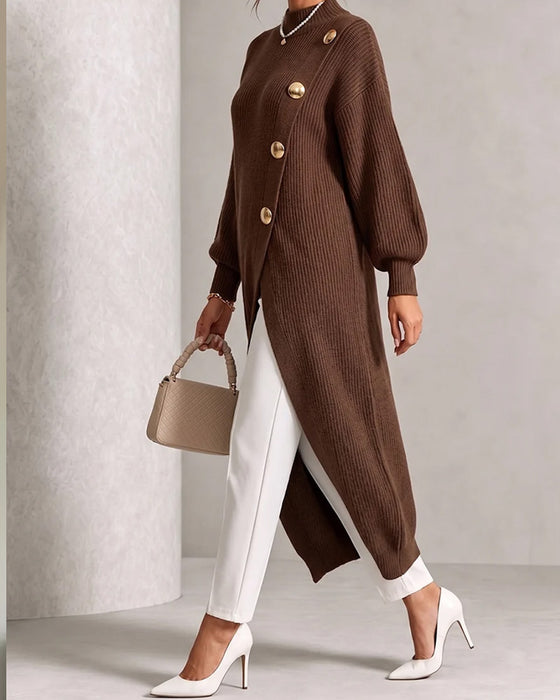 Sweater Dress Diagonal Knapp Slits Lykta Ärm
