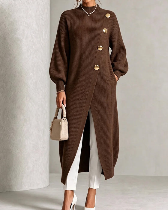 Sweater Dress Diagonal Knapp Slits Lykta Ärm