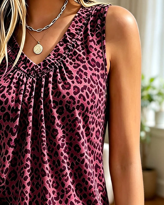 Tank Top V-Hals Leopard Rynkad