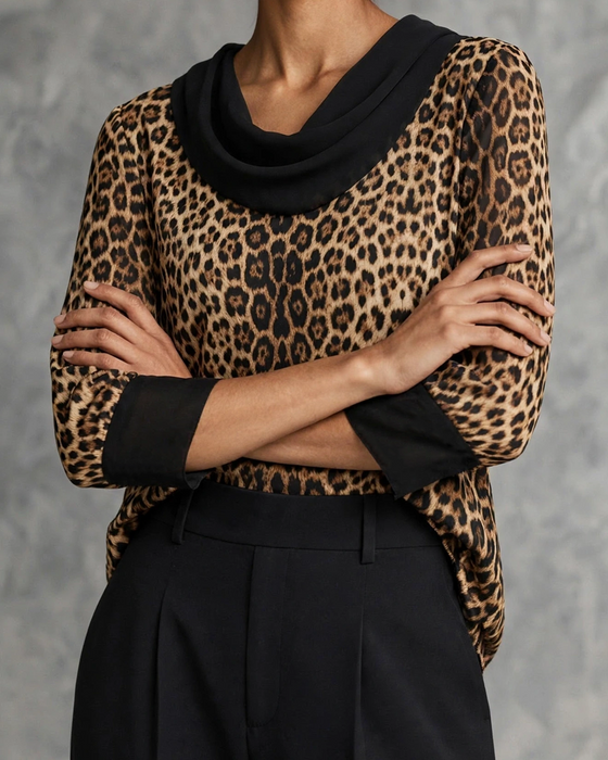 Blus Mock Neck Leopard Armbågslång Ärm