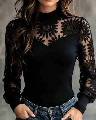 Topp Solros Spets Panelerad Turtleneck