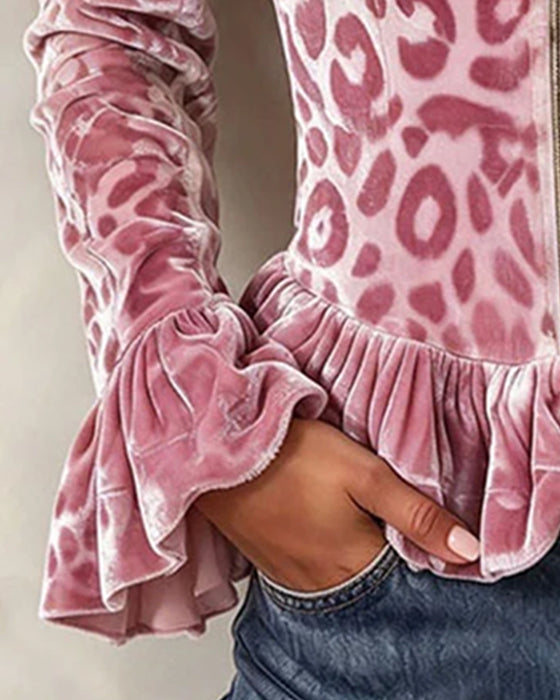 Kappa Rynkad Leopardprint Puffärm Sammet