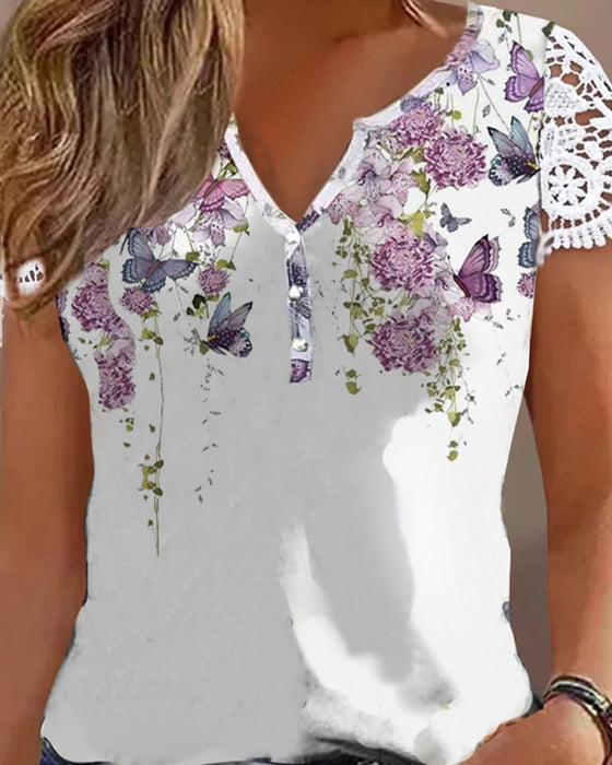 Topp Med Floral Butterfly Print Lace Patch Stil