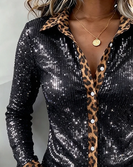 Skjorta Stilig Leopard Slag Lång Ärm