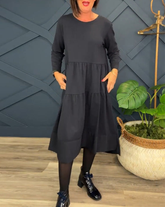 Casual enfärgad patchworkklänning med rund hals