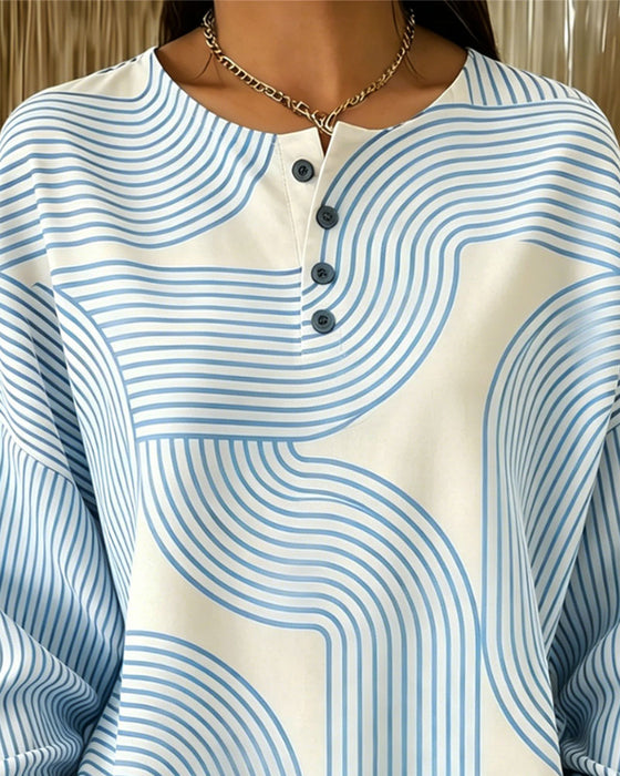 Sweatshirt Runda Halsen Knapp Randig Löst