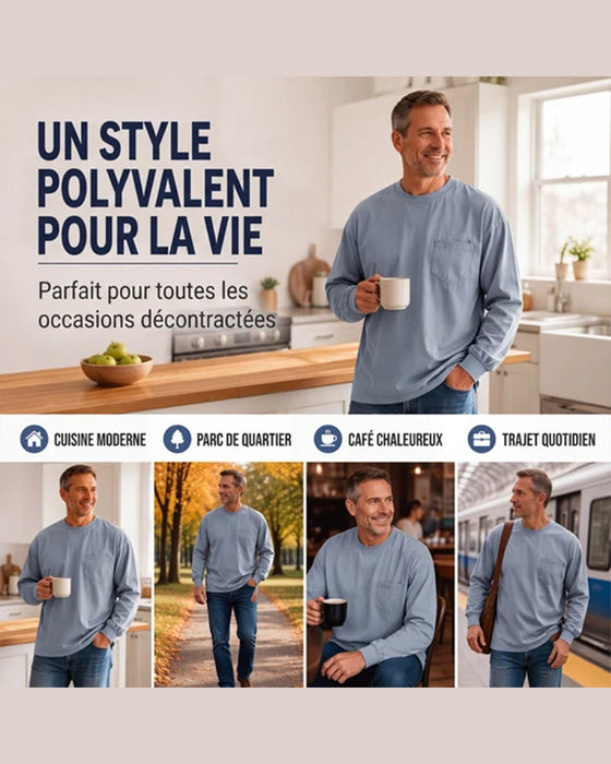 Herr T-Shirt Rund Hals Ficka Enfärgad