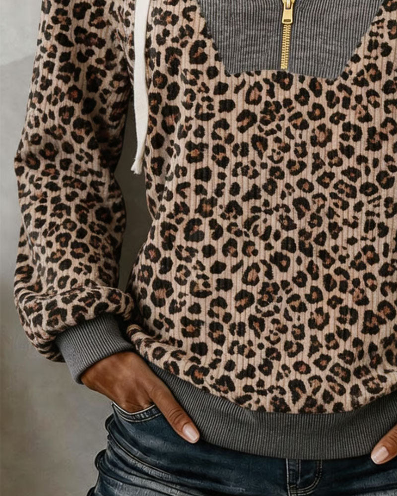 Hoodie Leopardtryck Spliced Halv Dragkedja