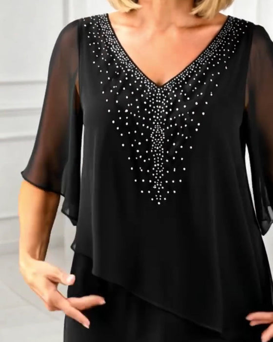 Klänning Casual V-Hals Rhinestone