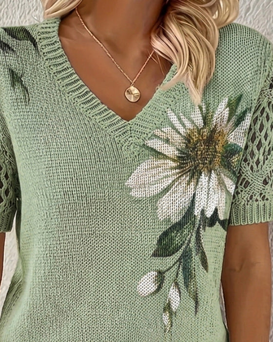 Pullover V-Ringning Stickad Blommig
