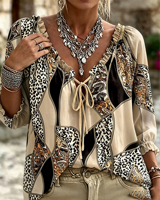 Blus V-Hals Leopard Puffärm Knyt