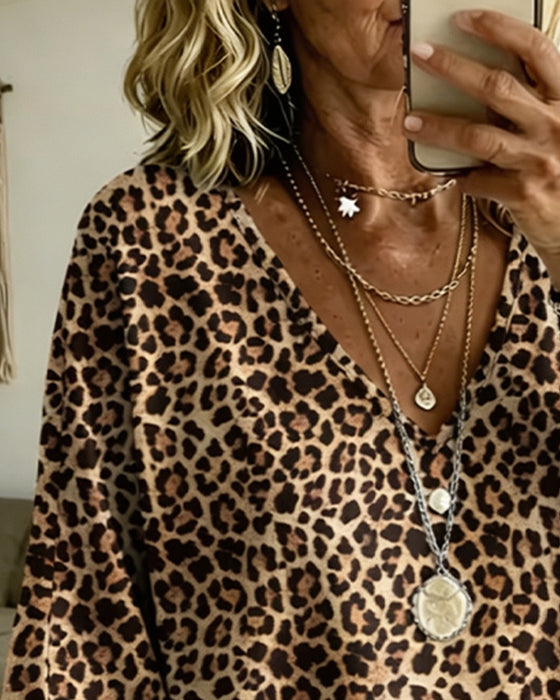 Blus V-Hals Leopard Casual