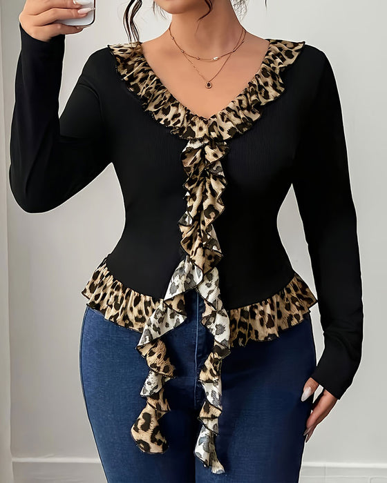 Top V-Hals Ruffle Leopard Tryck
