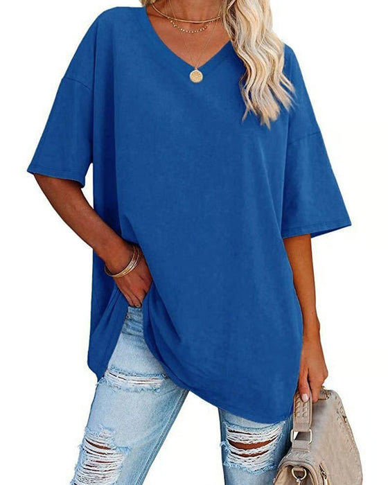 T-Shirt V-Hals Lös Casual Kort Ärm