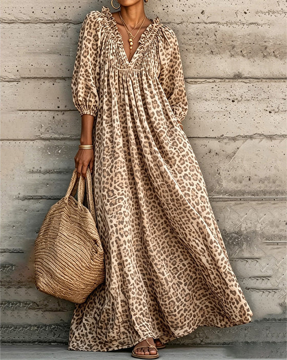 Klänning Leopard Tryck V-Hals Puff Ärm