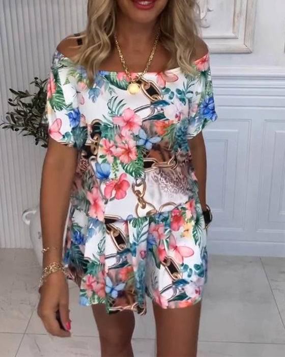 Jumpsuit Med Växt och Blom Mönster, Off - the - Shoulder Stil