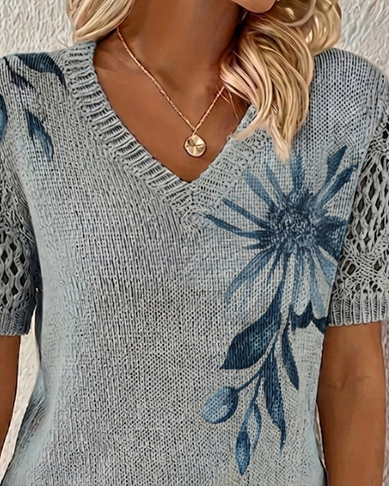 Pullover V-Ringning Stickad Blommig