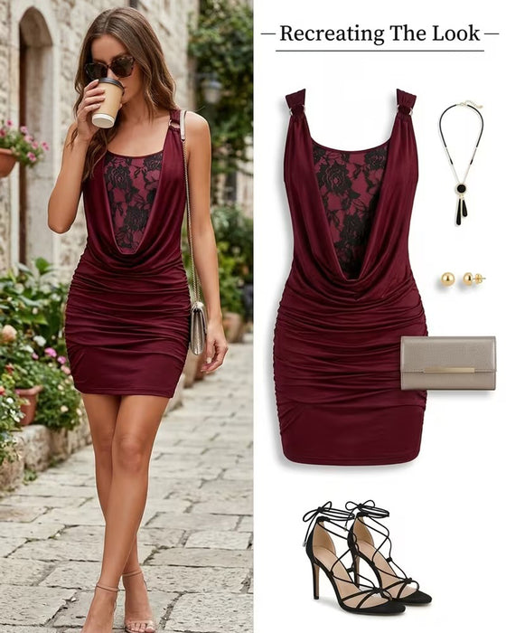 Klänning Drape Hals Spets Spagettiband Bodycon