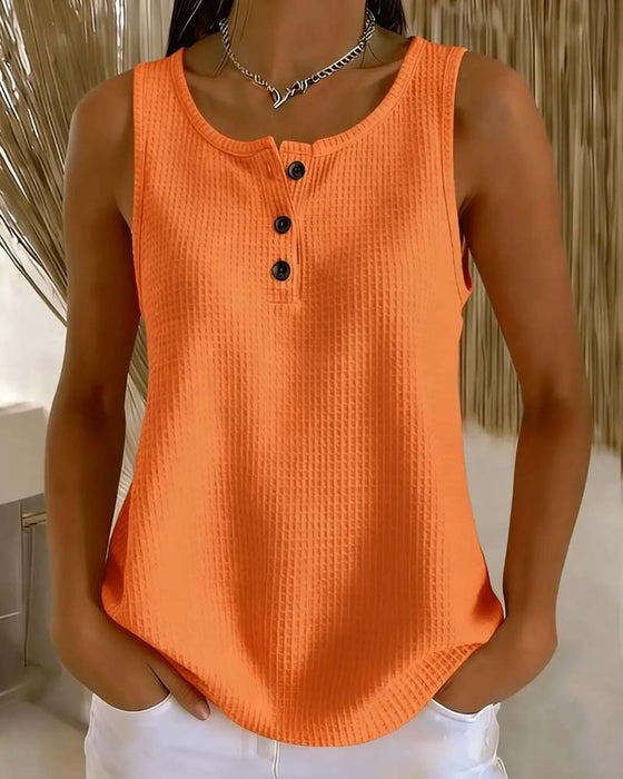 Tank Top Rundhalsad Ärmlös Våffla Knapp
