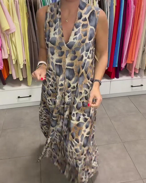 Klänning Leopard Ärmlös V-Hals Utställd Lång