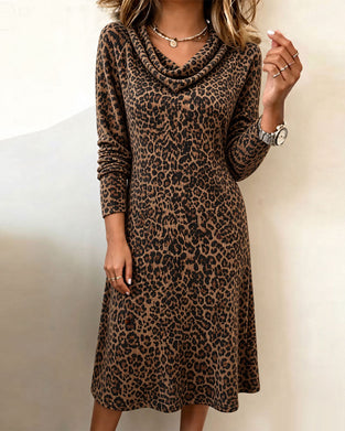 Klänning Slouchy Mock Neck Leopard Lång Ärm