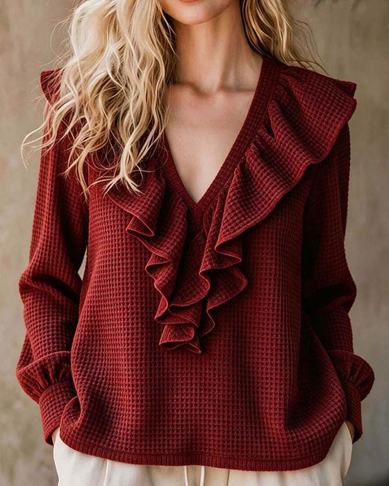 Blus Våffelstickad V-Hals Ruffle