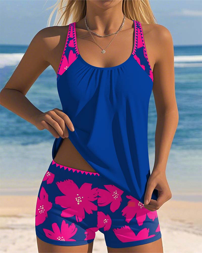 Tankini U-Hals Ärmlös Tryckt Boxertrosa