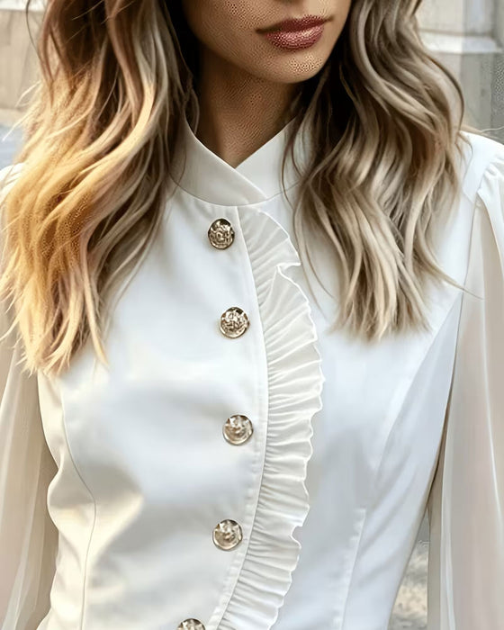 Blus Mini Mandarin Krage Sheer Ruffle
