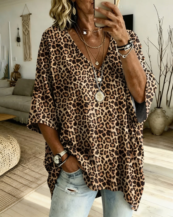 Blus V-Hals Leopard Casual