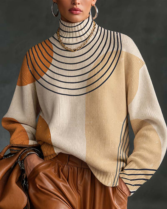 Pullover Geometrisk Linje Färgblock Hög Hals