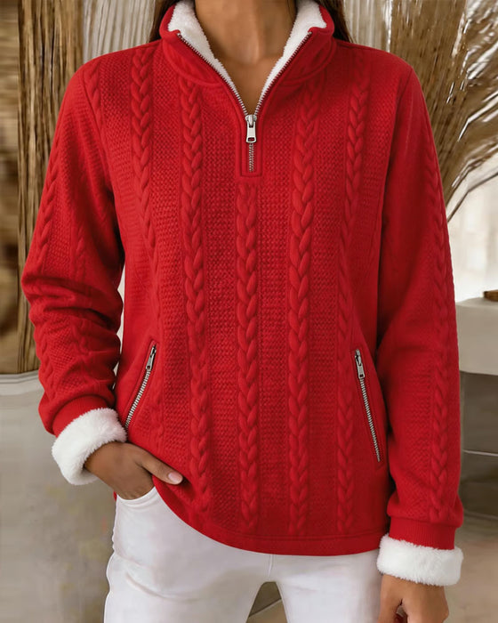 Sweatshirt Flätad Stickning Fleecefodrad Halv Dragkedja