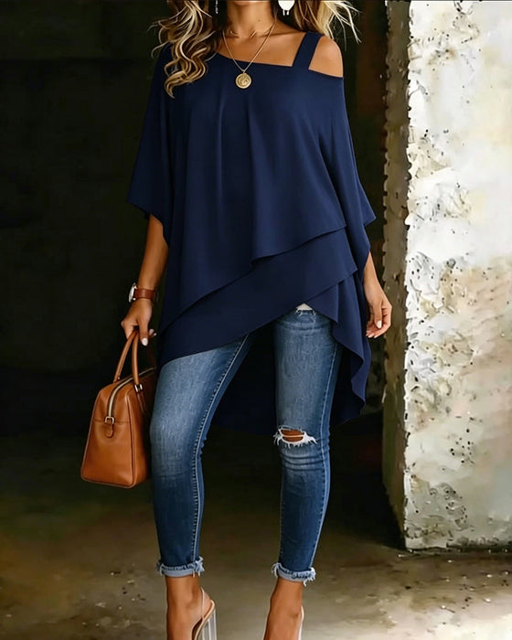 Blus Asymmetrisk Cold Shoulder Enfärgad Avslappnad